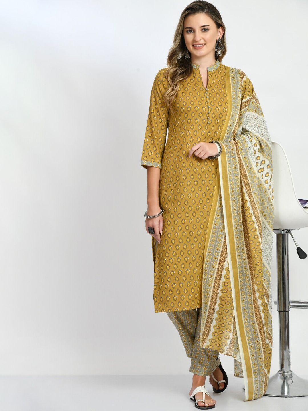 

KALINI Ethnic Motifs Printed Pure Cotton Kurta With Trousers & Dupatta, Beige
