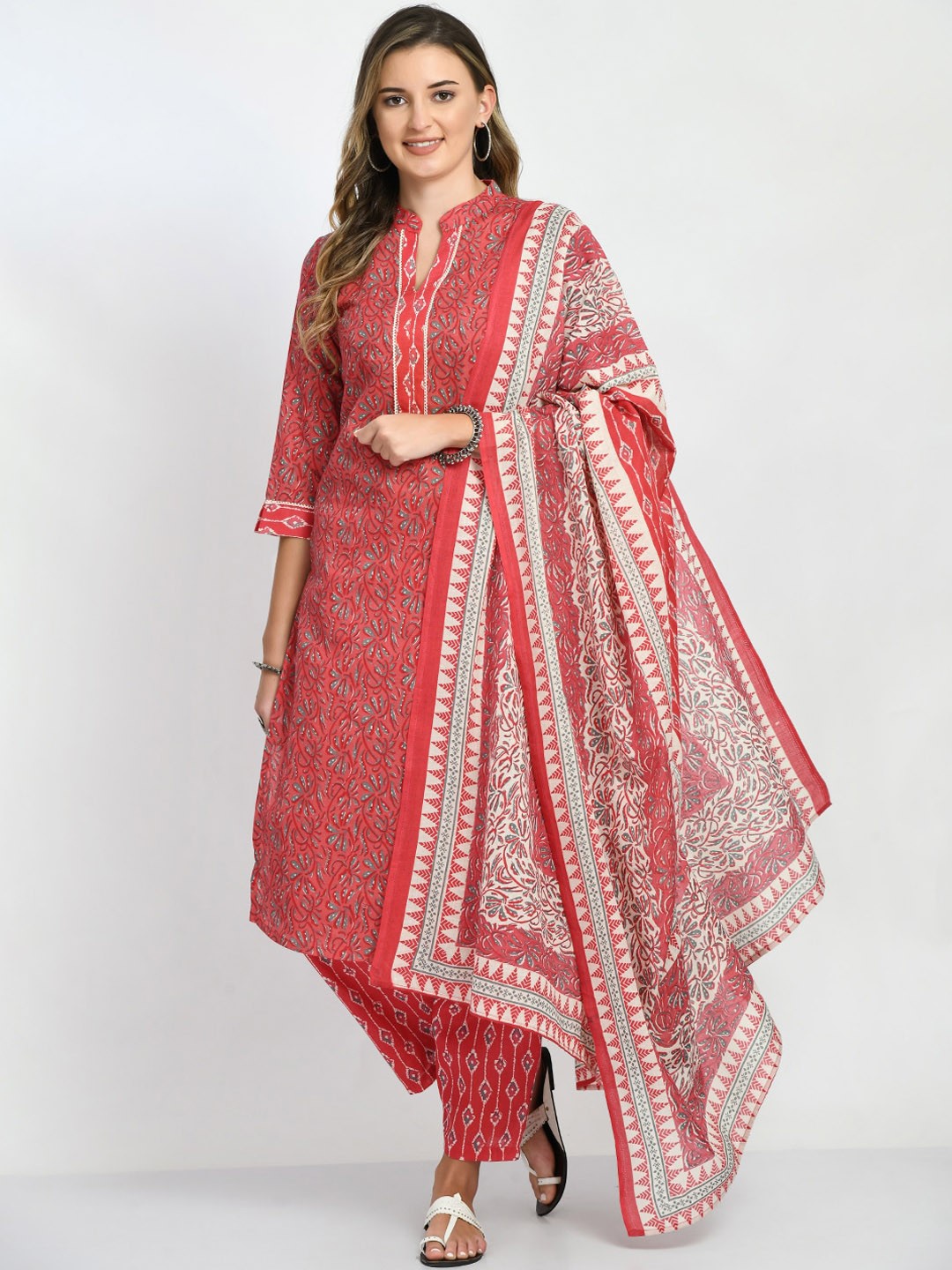 

KALINI Floral Printed Pure Cotton Kurta with Trousers & With Dupatta, Magenta
