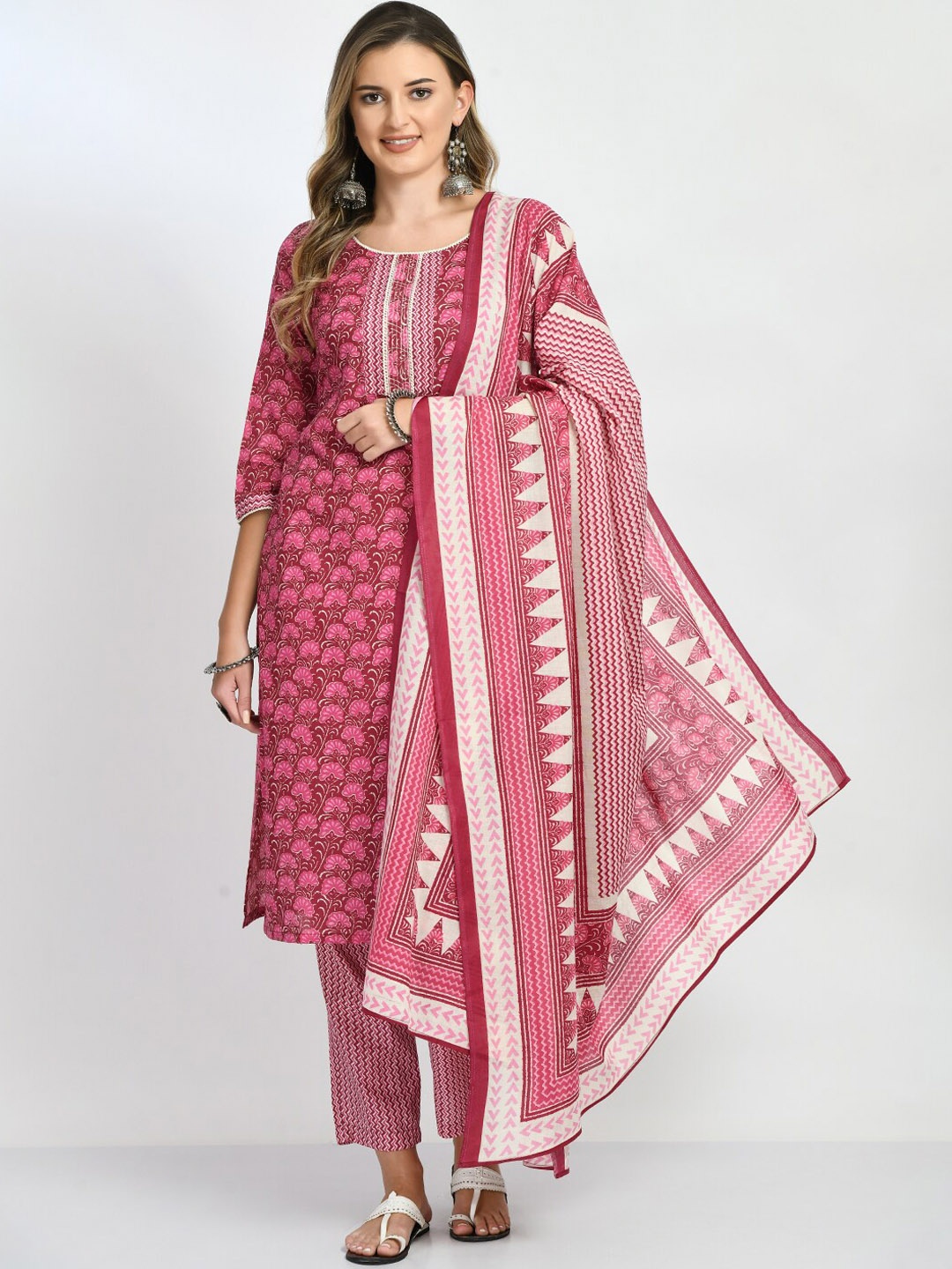 

KALINI Floral Printed Pure Cotton Kurta with Trousers & With Dupatta, Magenta