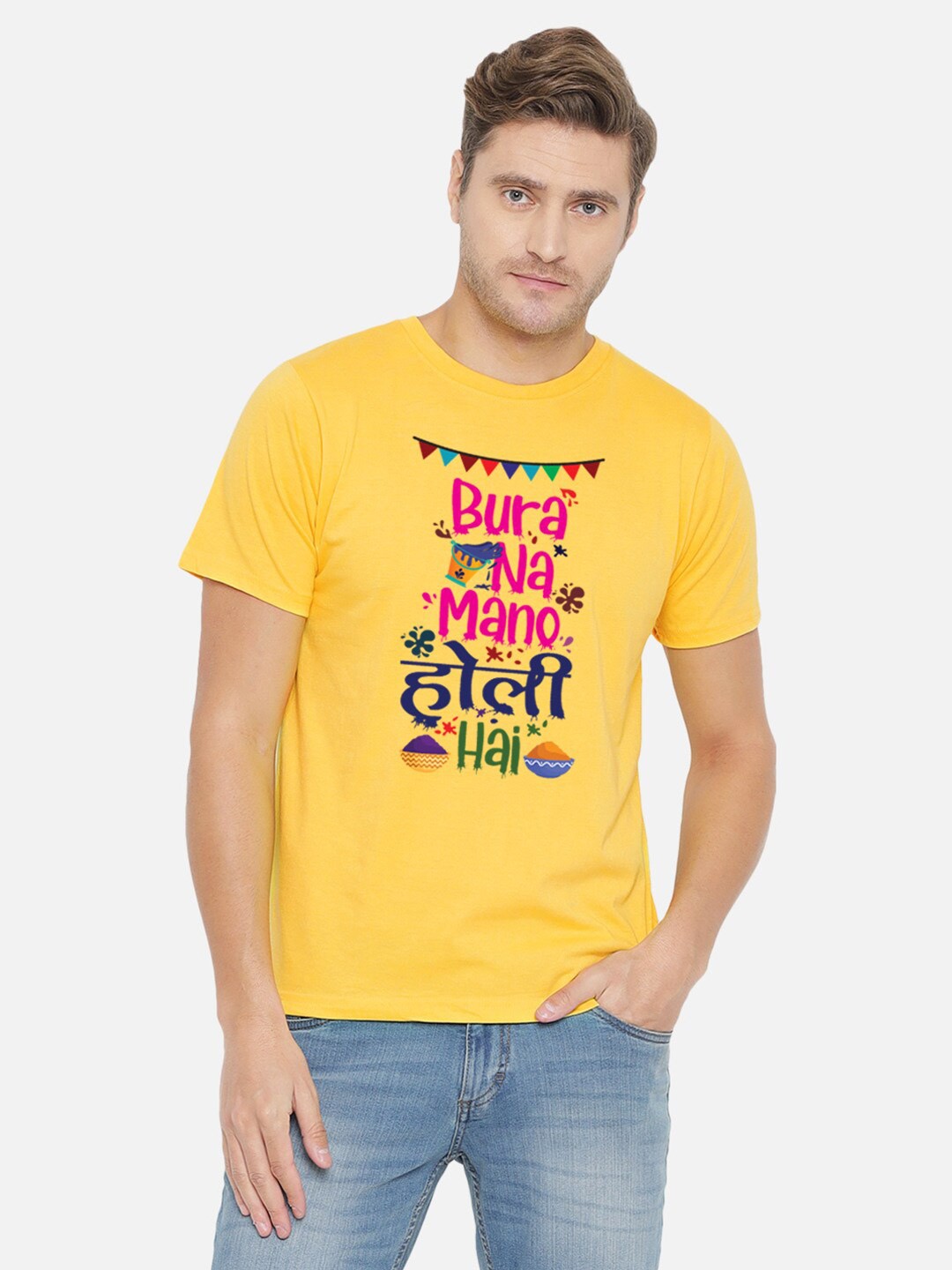 

FFLIRTYGO Men Typography Printed Pure Cotton T-shirt, Yellow