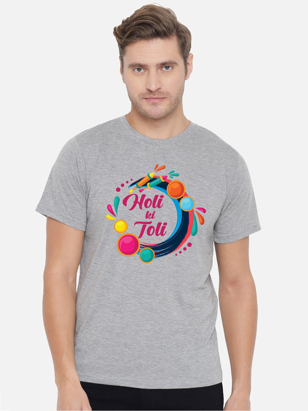 

FFLIRTYGO Men Printed Pure Cotton T-shirt, Grey melange