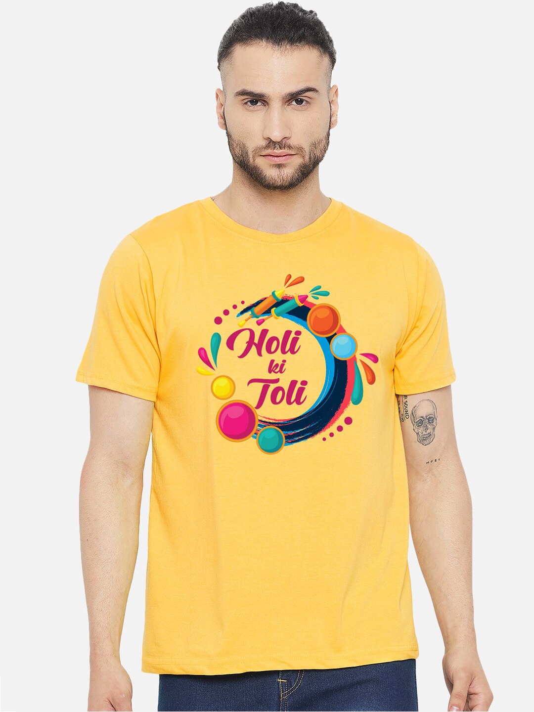 

FFLIRTYGO Men Printed Pure Cotton T-shirt, Yellow