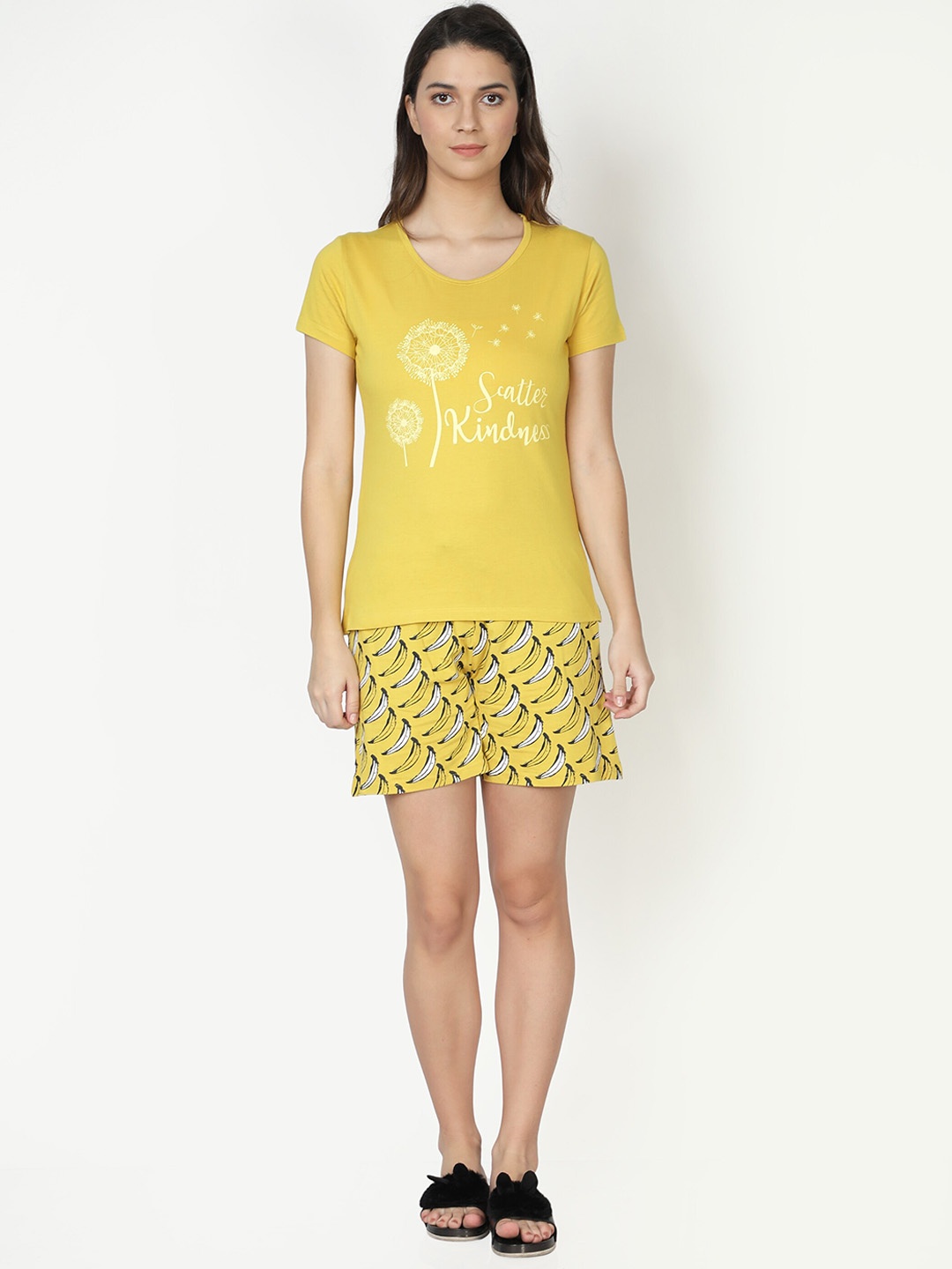 

CLUB A9 Women Typography Printed Pure Cotton Night Suit, Mustard