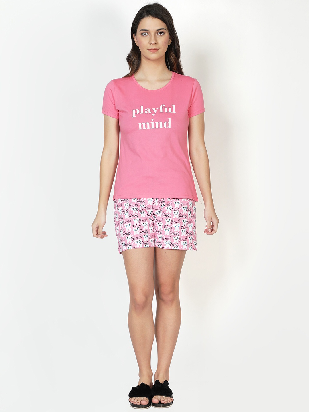 

CLUB A9 Women Typography Printed Pure Cotton Night Suit, Pink