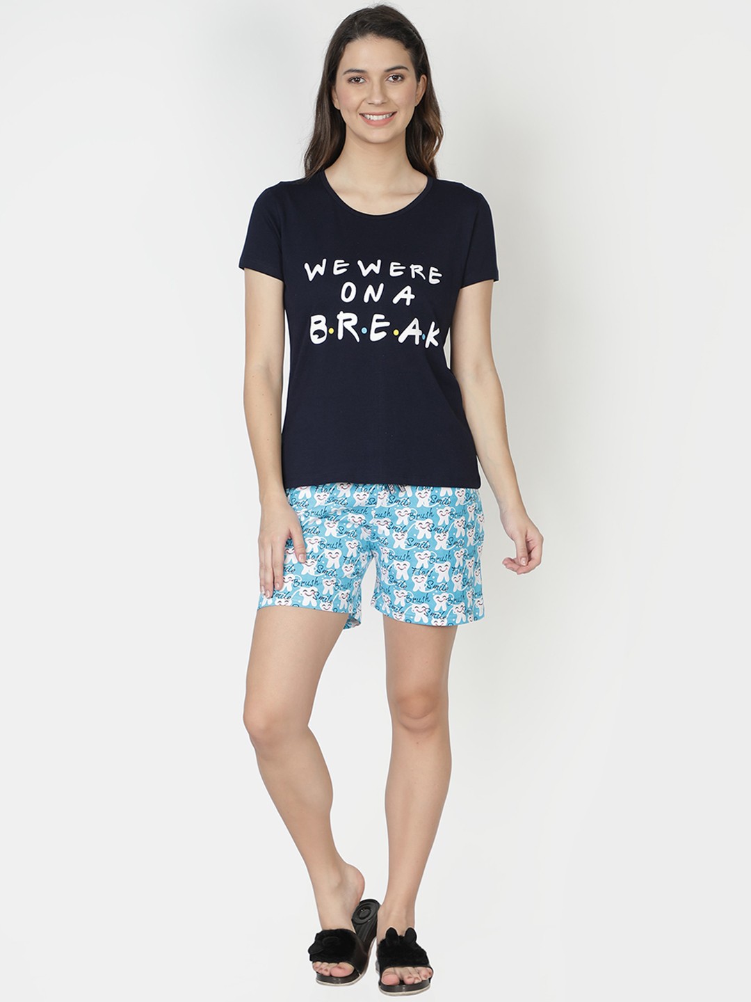 

CLUB A9 Women Typography Printed Pure Cotton Night Suit, Navy blue