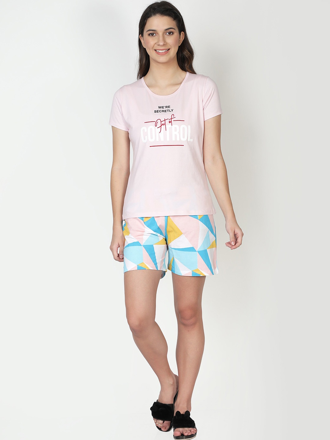 CLUB A9 Women Typography Printed Pure Cotton Night Suit, Pink