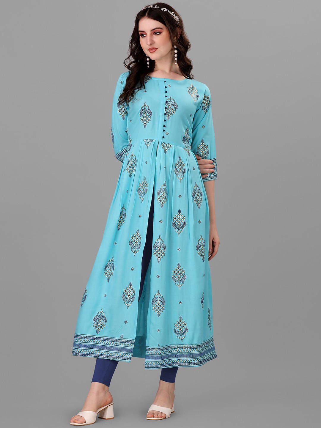 

Angroop Women Blue Ethnic Motifs Foil Printed Anarkali Kurta