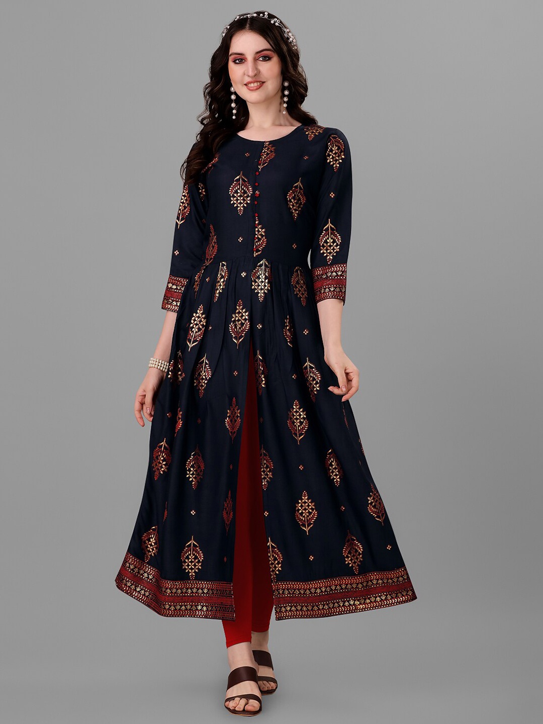 

Angroop Ethnic Motifs Printed Front Slit A-Line Kurta, Navy blue