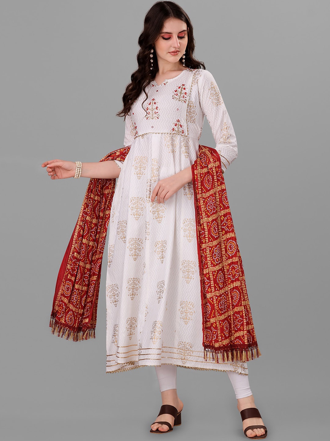

Angroop Women Notched Neck Ethnic Motifs Printed Anarkali Kurta, White