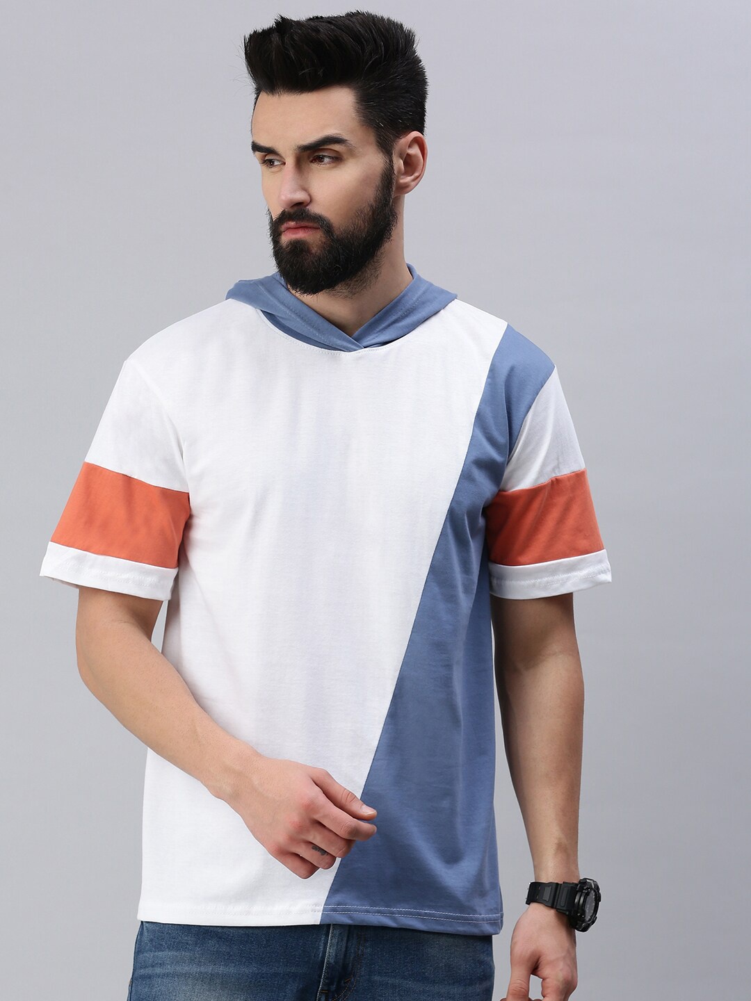 

Rodzen Men Colourblocked Hooded Pure Cotton Oversize T-shirt, White