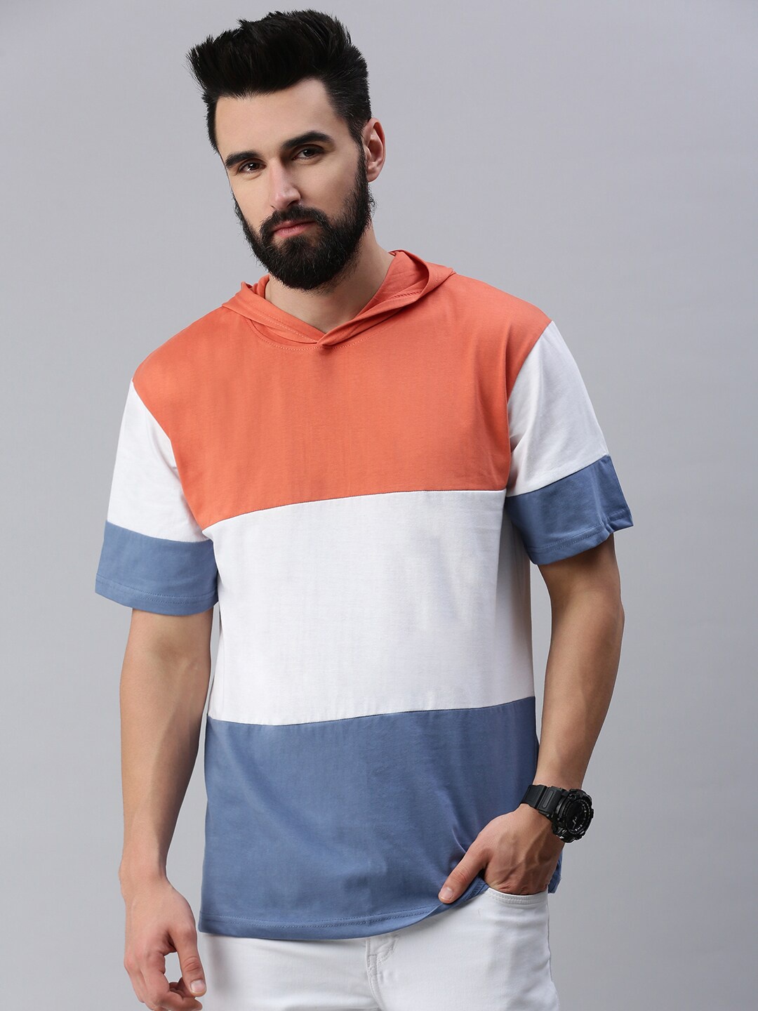 Rodzen Men Colourblocked Hooded Pure Cotton Loose T-shirt, Peach