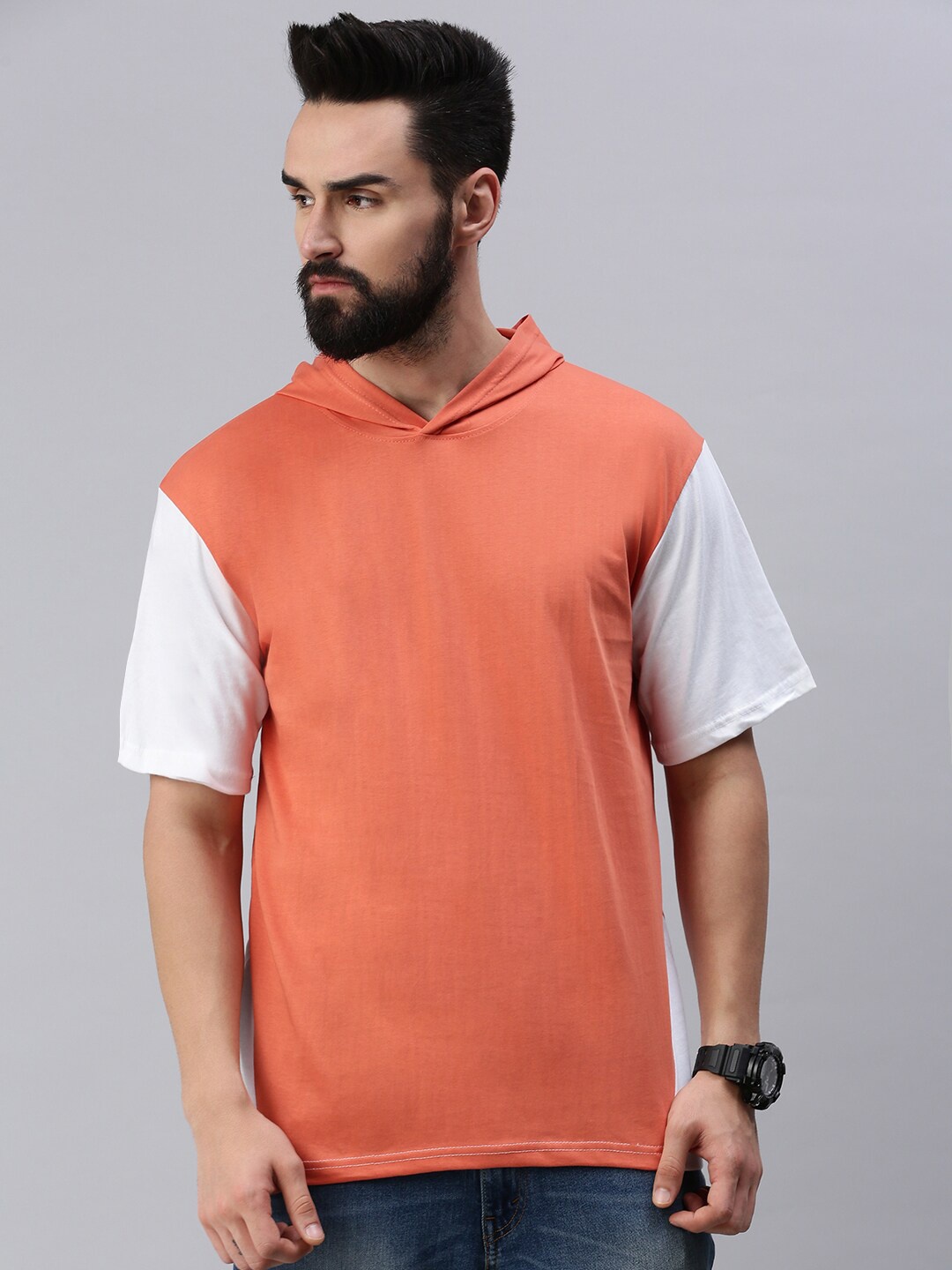 

Rodzen Men Colourblocked Hooded Pure Cotton Loose T-shirt, Orange