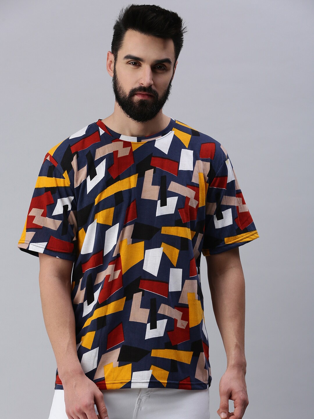 

Rodzen Men Geometric Printed Pure Cotton Oversize T-shirt, Navy blue
