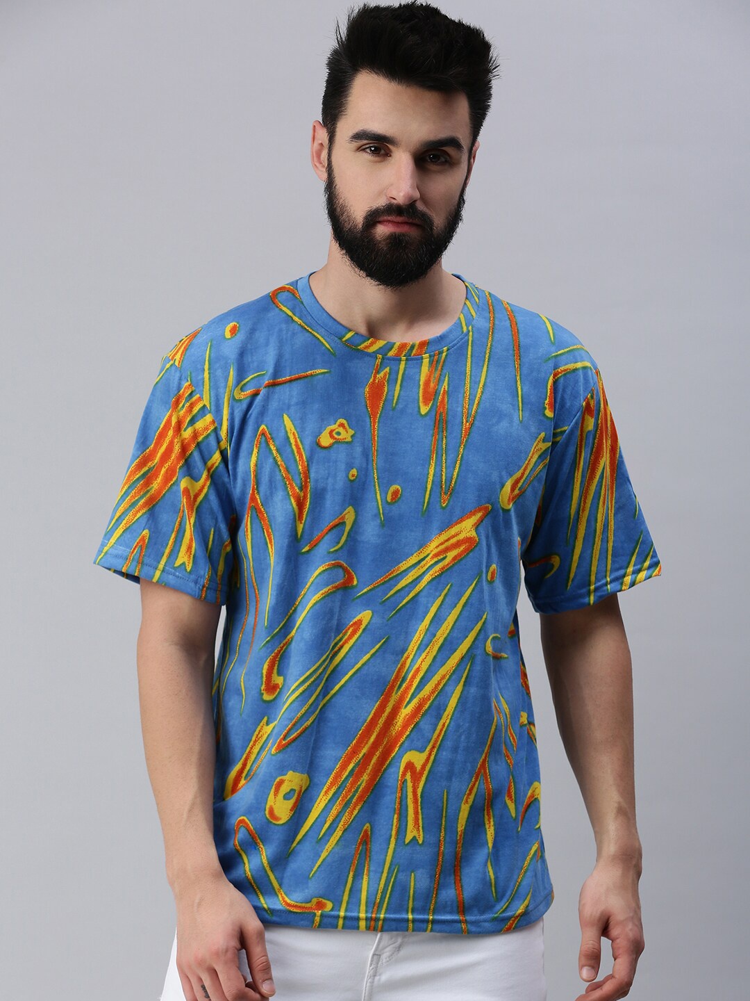 

Rodzen Men Abstract Printed Pure Cotton T-shirt, Blue