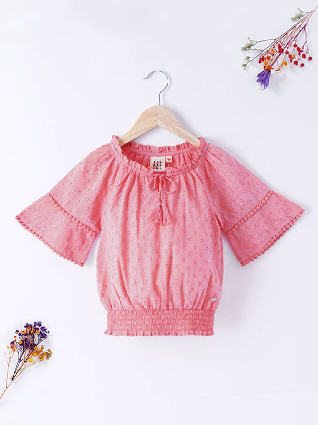 

Ed-a-Mamma Girls Self Design Tie-Up Neck Blouson Cotton Top, Pink