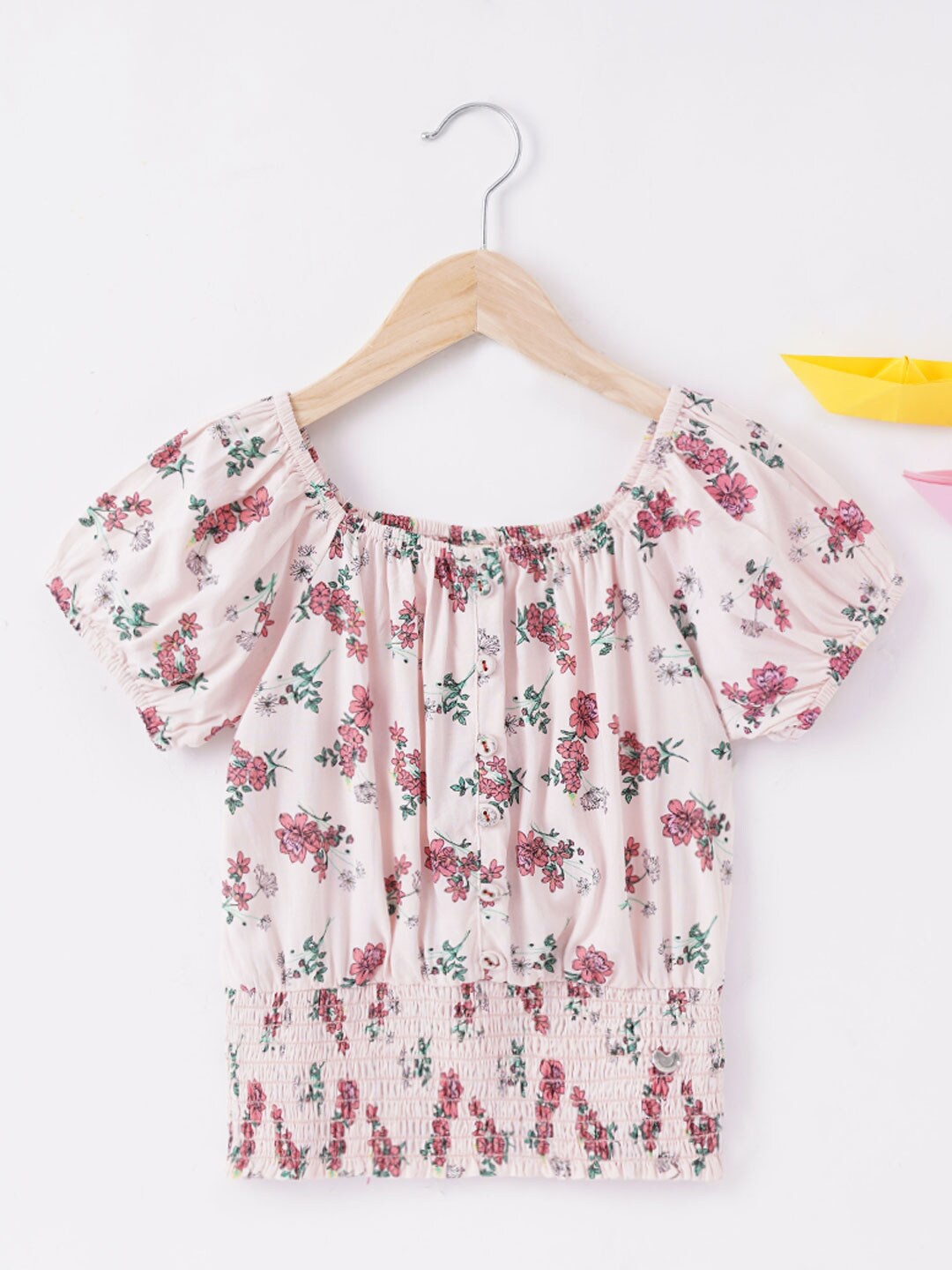 

Ed-a-Mamma Girls Floral Printed Off-Shoulder Cotton Bardot Top, Peach