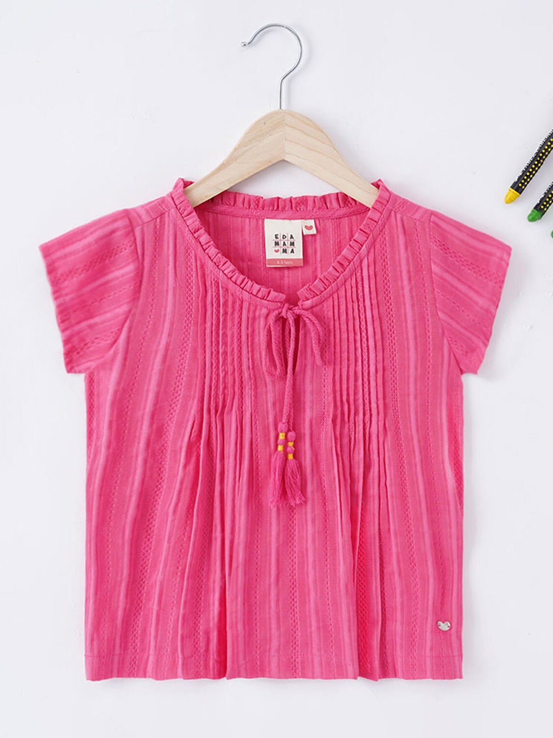 

Ed-a-Mamma Girls Self Design Pleated Cotton Top, Pink