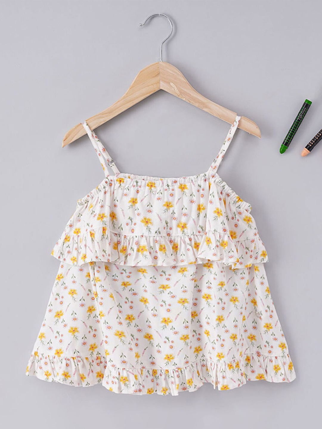 

Ed-a-Mamma Girls Floral Printed Cotton Tiered Top, Off white