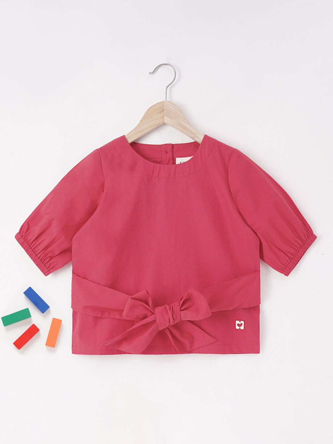 

Ed-a-Mamma Regular Puff Sleeves Waist Tie-Up Cotton Top, Pink