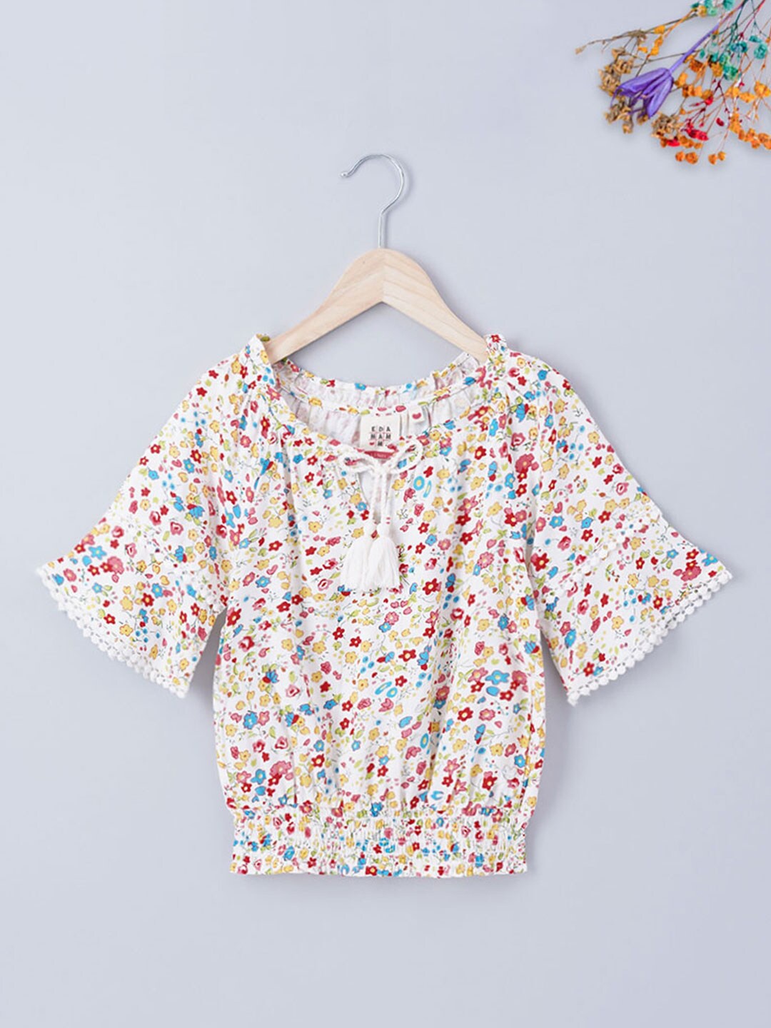 Ed-a-Mamma Girls Floral Printed Cotton Bardot Top, White