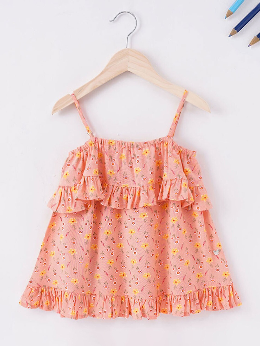 

Ed-a-Mamma Girls Floral Printed Cotton Tiered Top, Peach