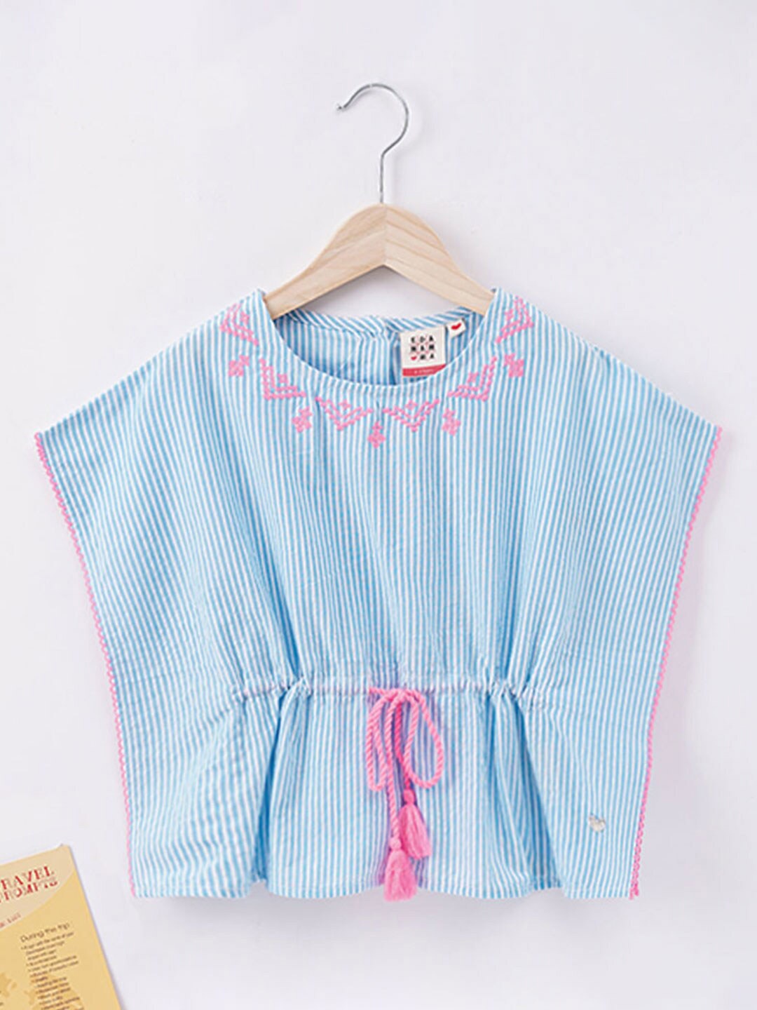 

Ed-a-Mamma Girls Striped Extended Sleeves Cinched Waist Cotton Top, Blue