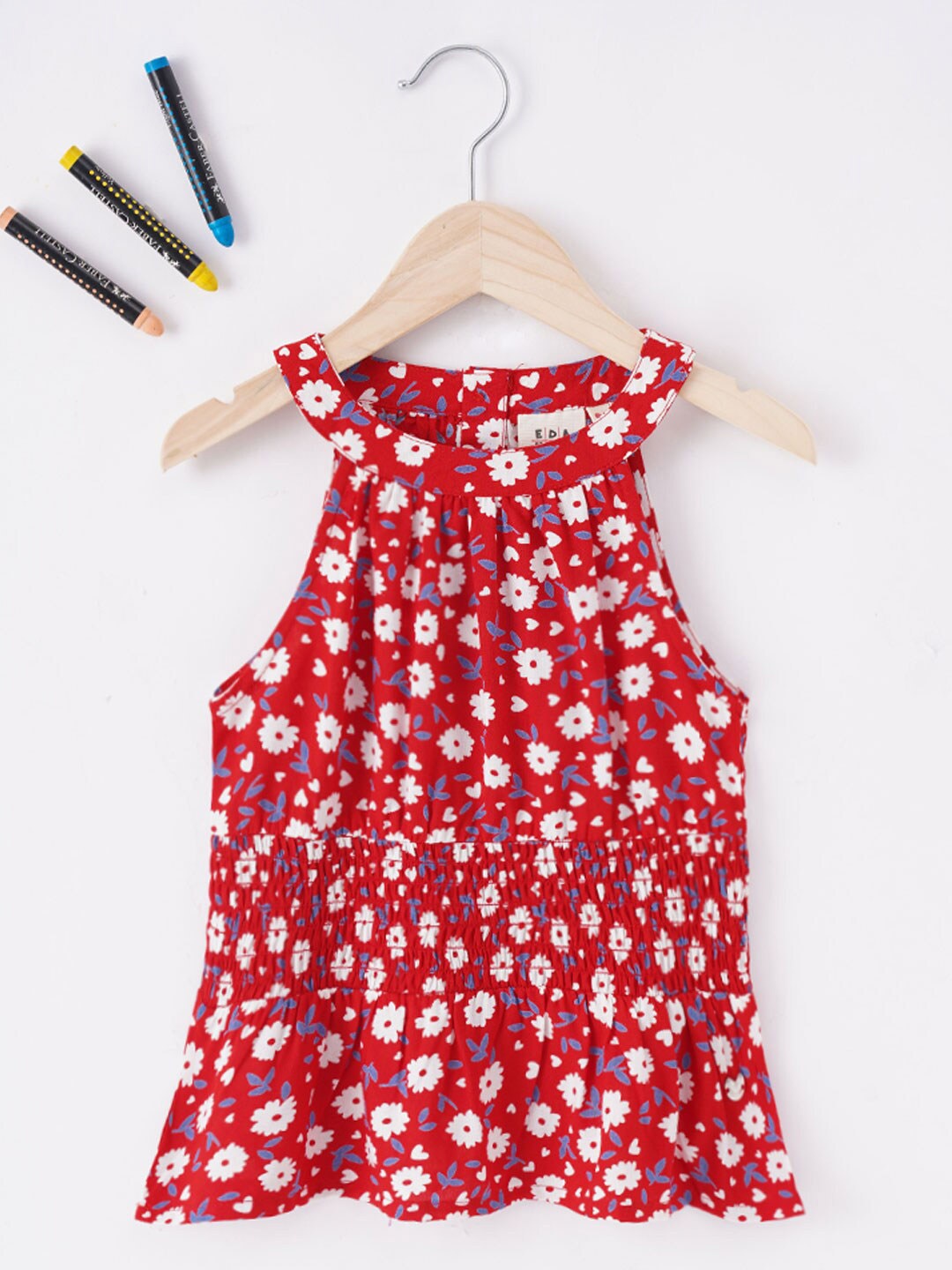 Ed-a-Mamma Girls Floral Printed Smocked A-Line Cotton Top, Red