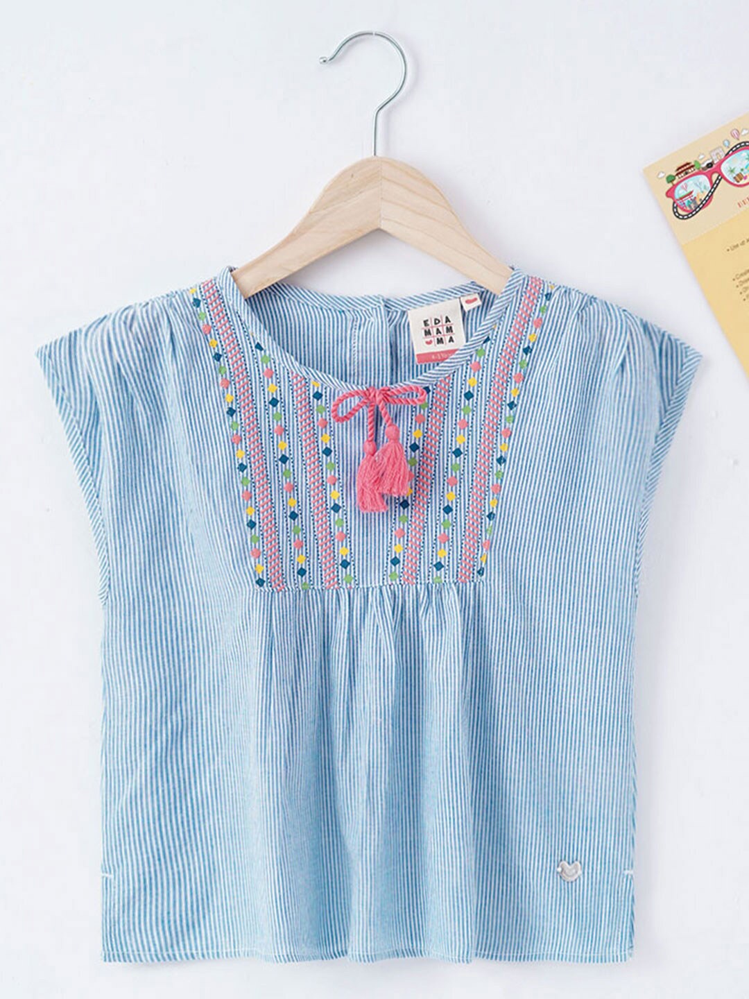 Ed-a-Mamma Striped Tie-Up Neck Extended Sleeves Cotton Top, Blue