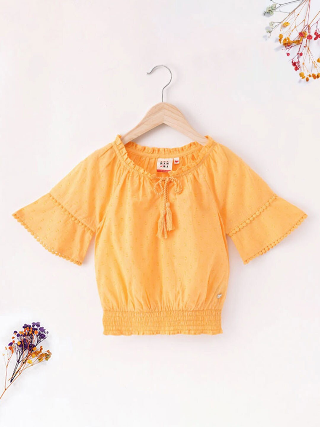 

Ed-a-Mamma Self Design Bell Sleeves Smocked Blouson Cotton Top, Orange