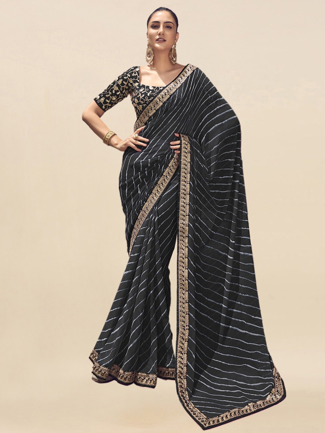 

Mitera Embroidered Leheriya Saree, Black