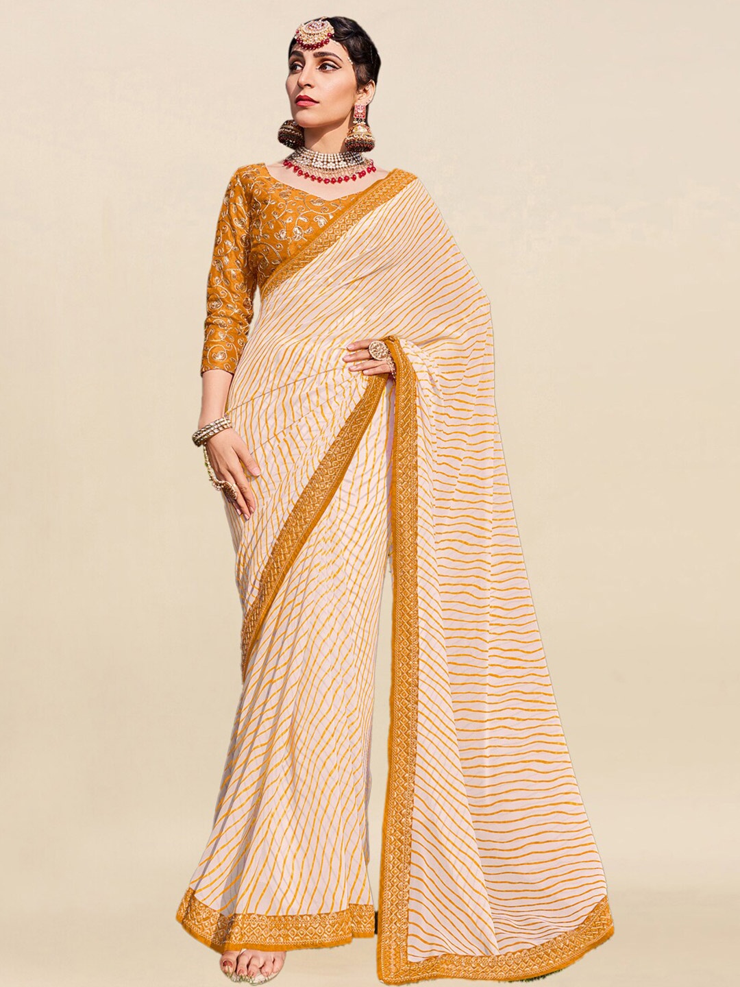 

Mitera Leheriya Printed Embroidered Saree, White