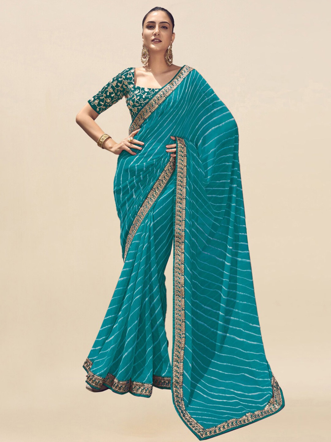 

Mitera Leheriya Printed Embroidered Saree, Sea green