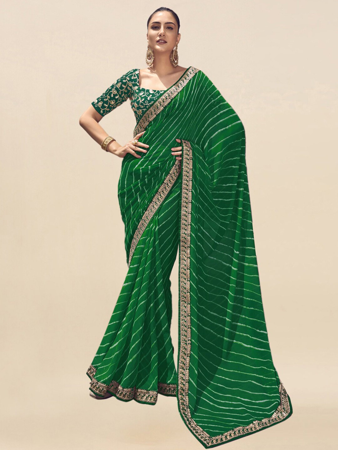 

Mitera Printed Embroidery Detailed Leheriya Saree, Green