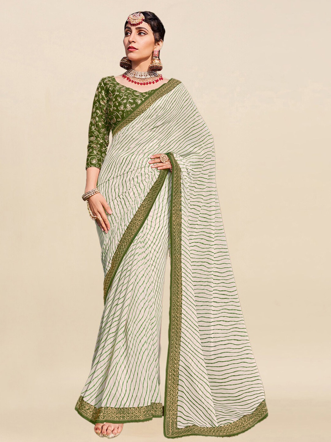 

Mitera Printed Leheriya Saree, Green