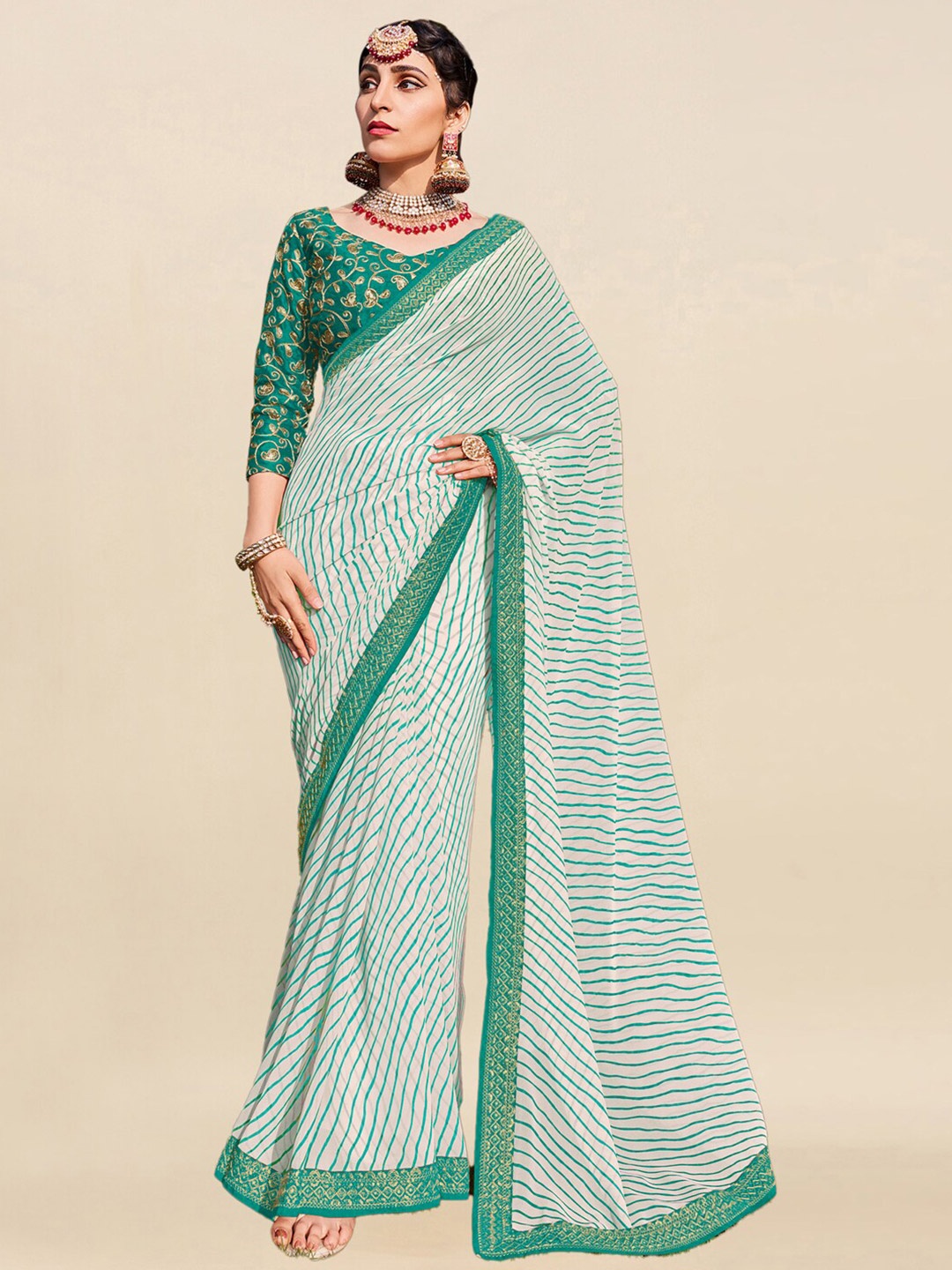 

Mitera Printed Embroidery Detailed Leheriya Saree, Sea green