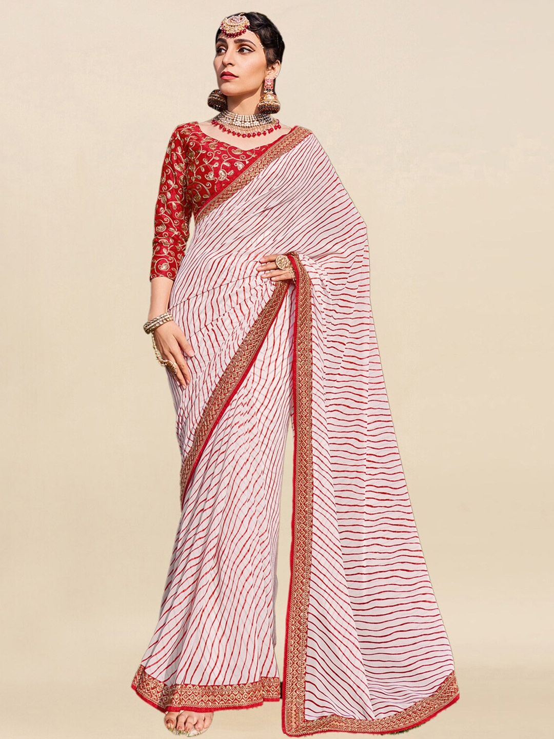 

Mitera Printed Embroidery Detailed Leheriya Saree, Red