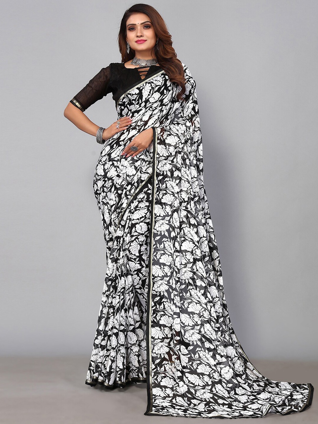 

KALINI Floral Pure Chiffon Saree, White