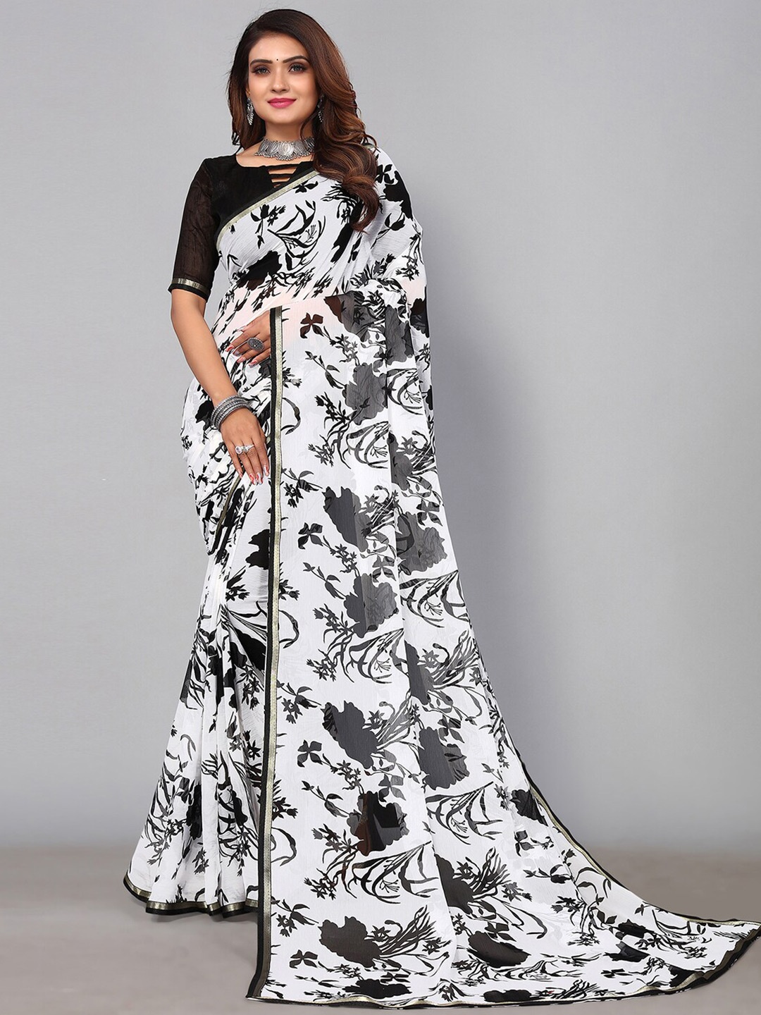 

KALINI Floral Pure Chiffon Saree, White