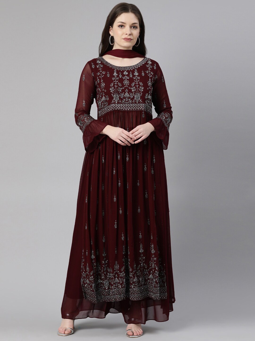 

Neerus Women Embroidered Thread Work Pure Silk Kurta With Palazzos & Dupatta, Burgundy