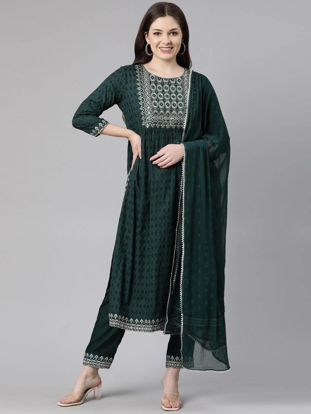 

Neerus Women Bandhani Printed Mirror Work Kurta & Trousers With Dupatta, Green