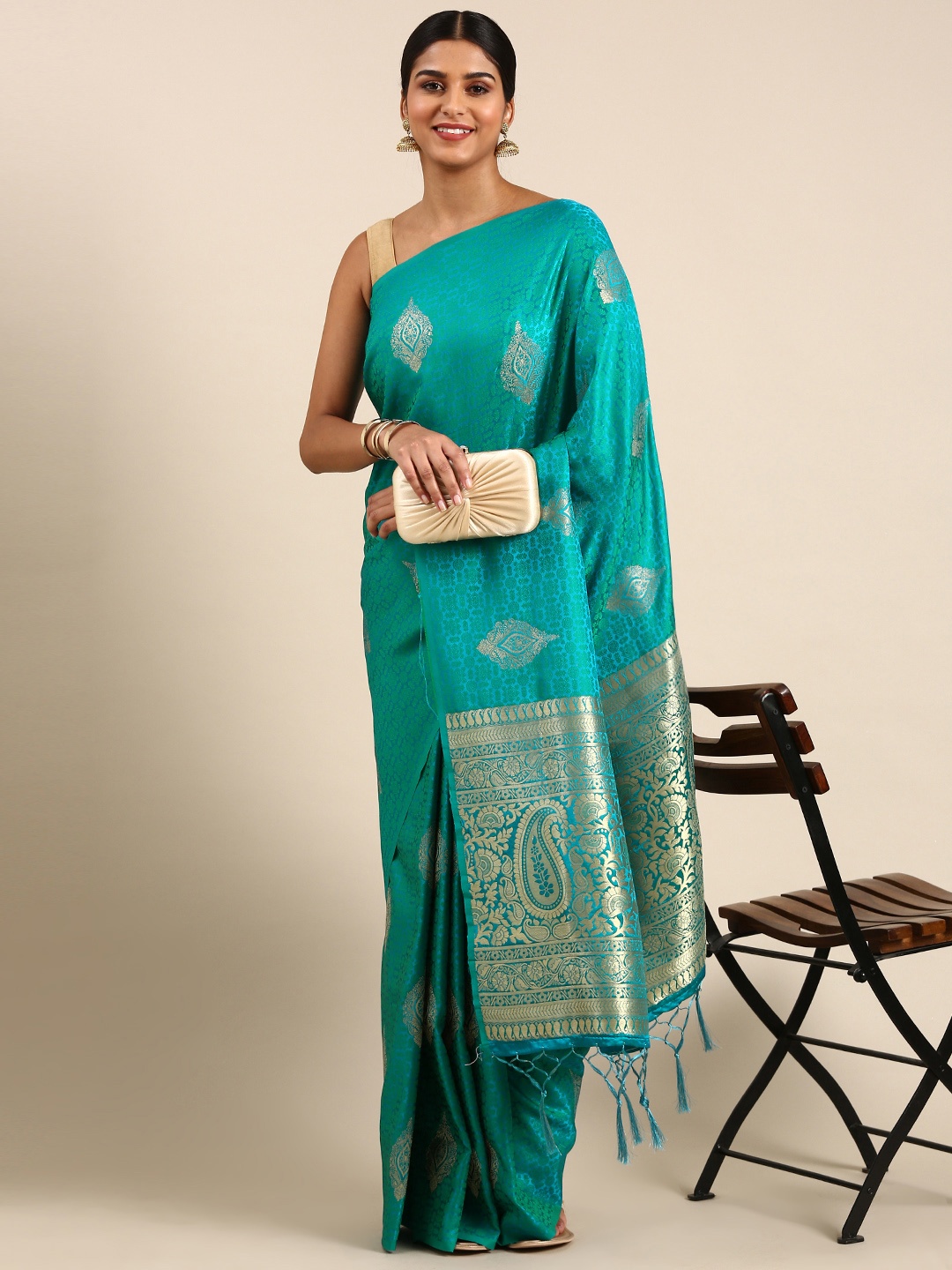 

SHARAA ETHNICA Ethnic Motifs Zari Pure Silk Kanjeevaram Saree, Blue