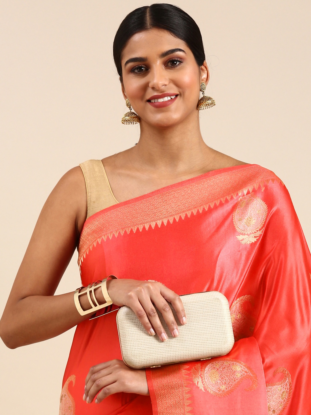 

SHARAA ETHNICA Woven Design Ethnic Motifs Zari Pure Silk Kanjeevaram Saree, Pink