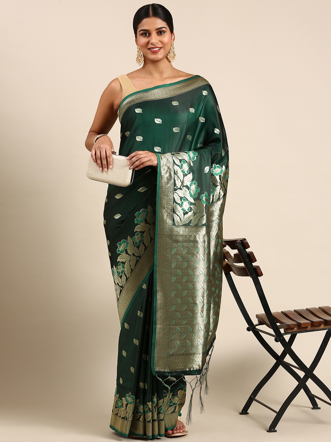 

SHARAA ETHNICA Floral Zari Pure Silk Kanjeevaram Saree, Teal