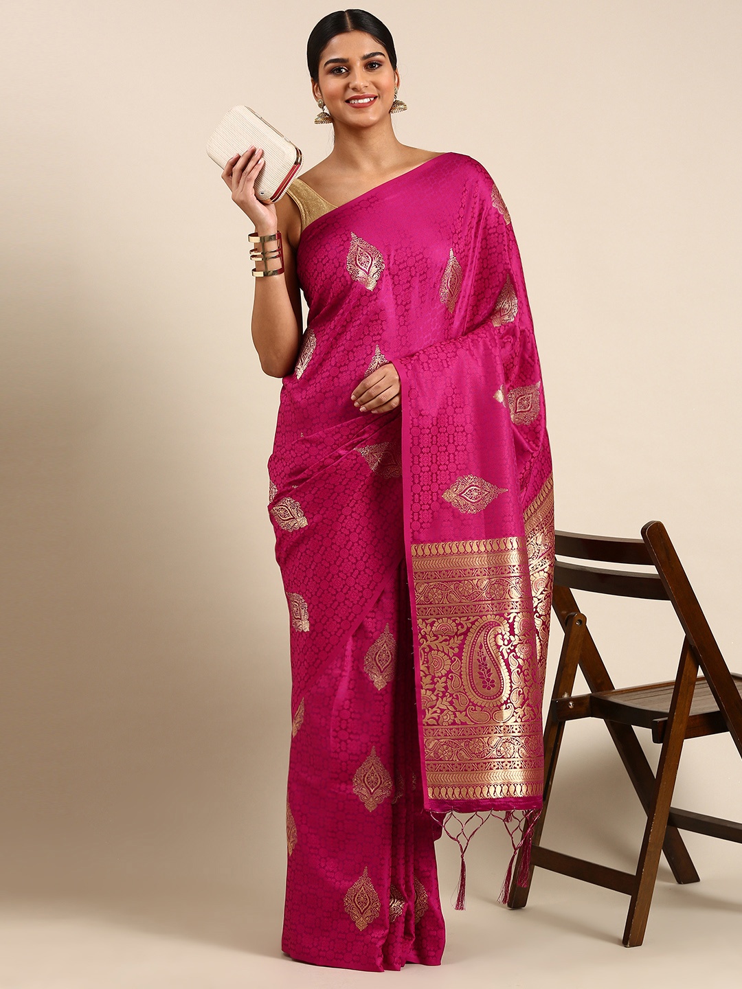 

SHARAA ETHNICA Woven Design Ethnic Motifs Zari Pure Silk Kanjeevaram Saree, Pink