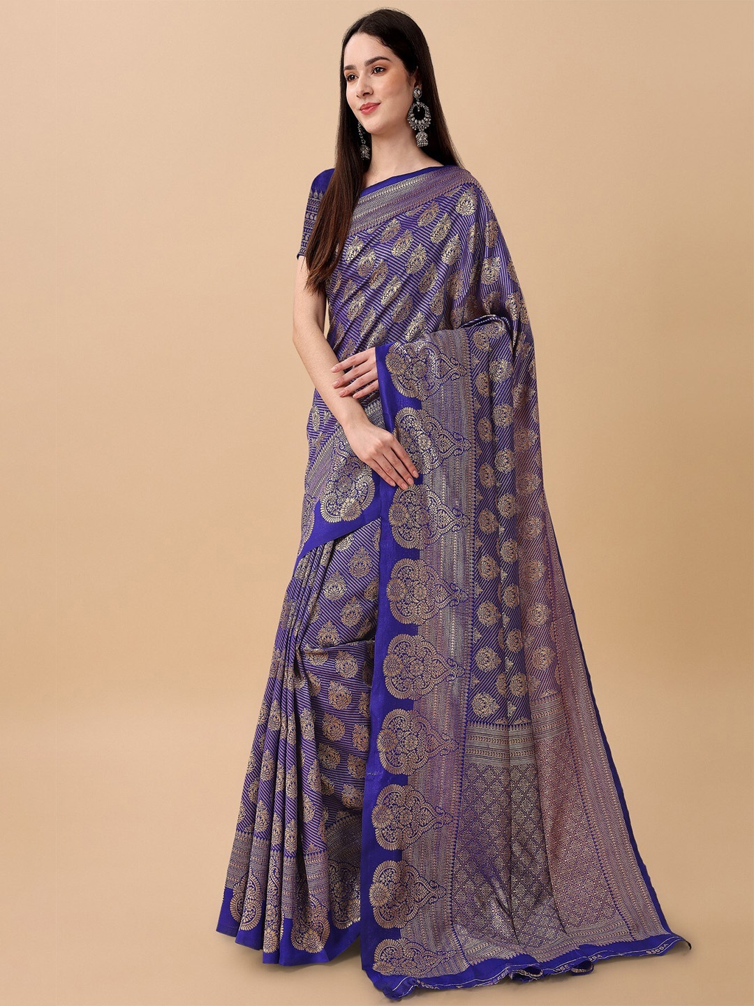 

TEREZA Ethnic Motifs Woven Design Zari Pure Silk Kanjeevaram Saree, Blue