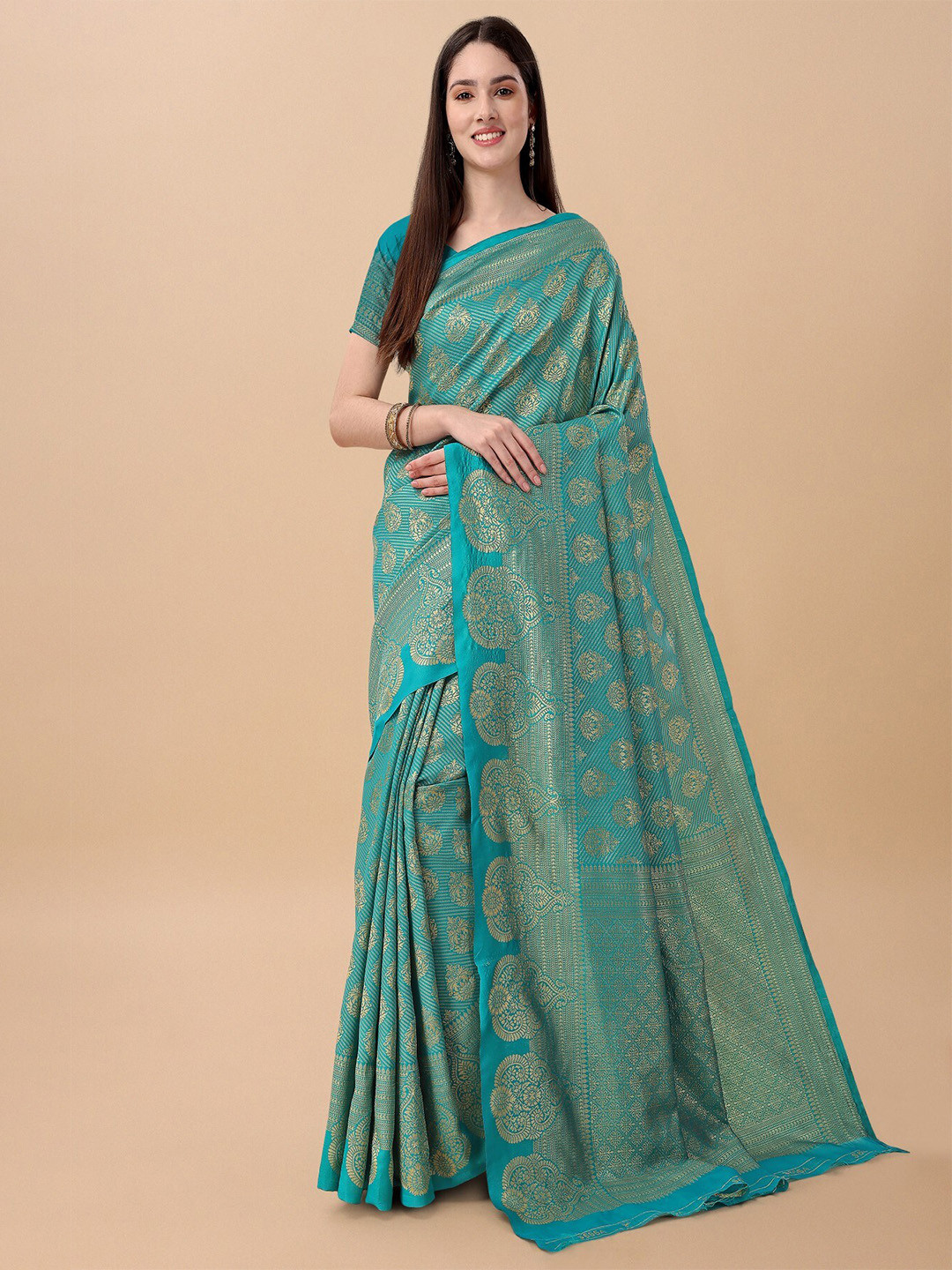 

TEREZA Woven Design Zari Pure Silk Kanjeevaram Saree, Blue