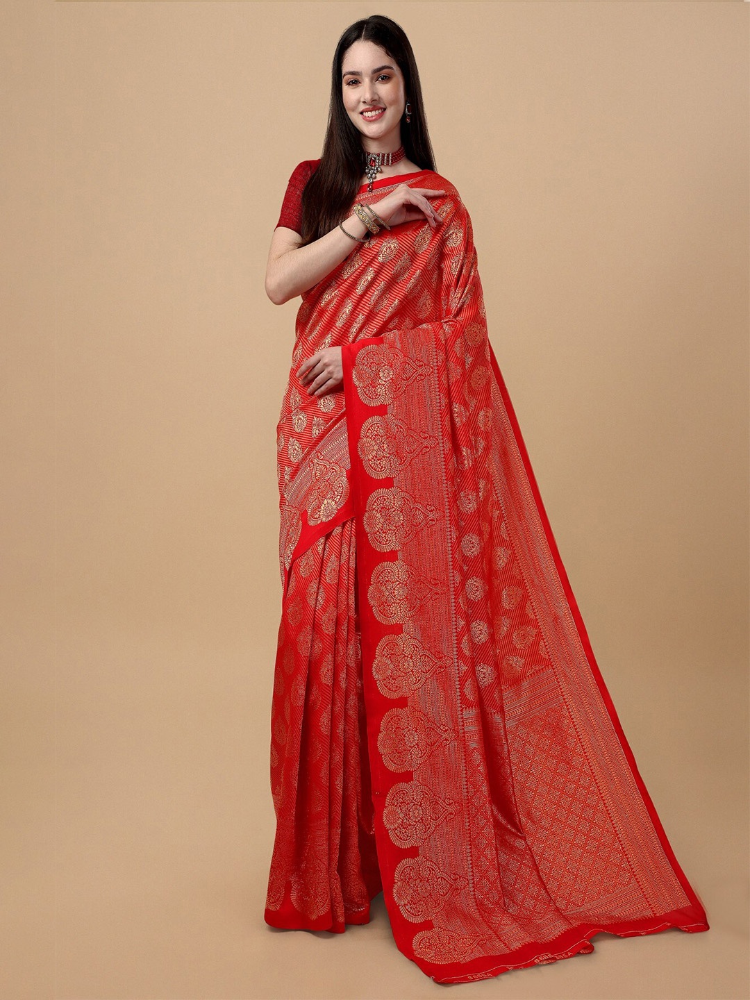 

TEREZA Woven Design Zari Pure Silk Kanjeevaram Saree, Red