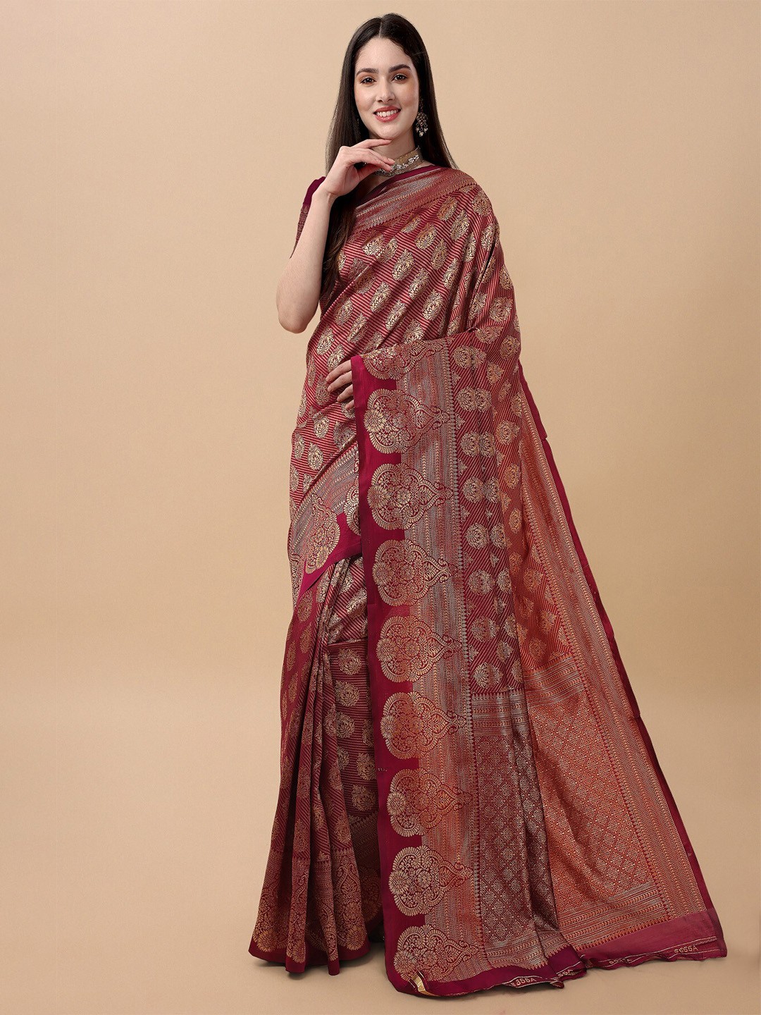 

TEREZA Woven Design Zari Pure Silk Kanjeevaram Saree, Maroon