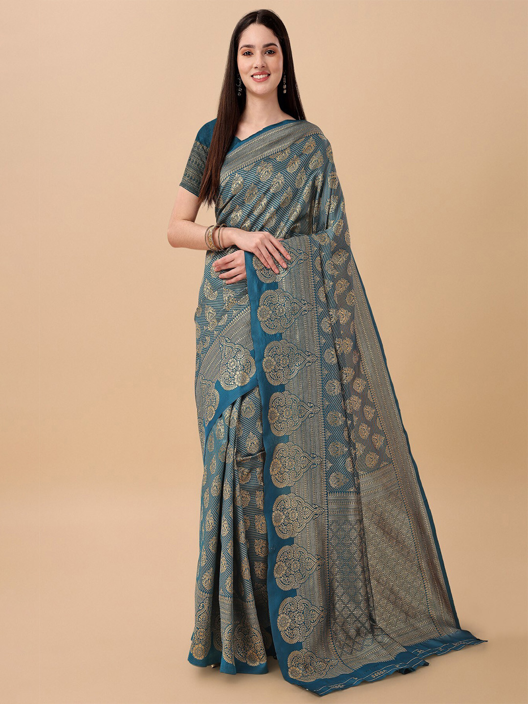 

TEREZA Woven Design Zari Pure Silk Kanjeevaram Saree, Teal