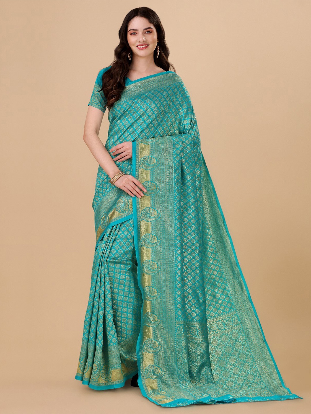 

TEREZA Ethinic Motif Zari Pure Silk Kanjeevaram Saree, Turquoise blue